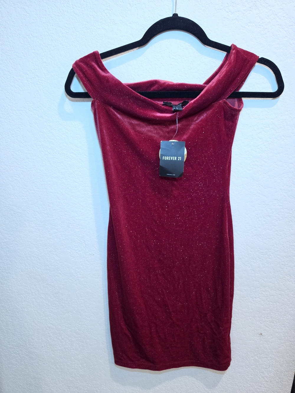 Forever 21 Red Glitter Velvet Off-Shoulder Mini Dress